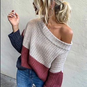 Off the Shoulder Oversized Color Block Sweater